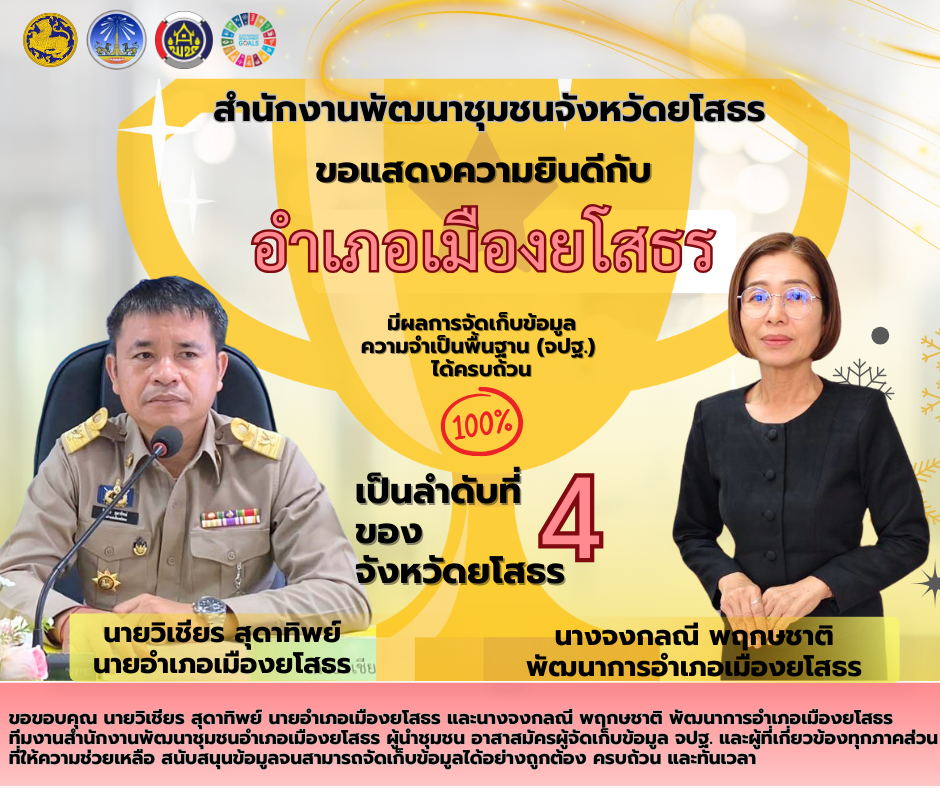 สำนักงานพัฒนาชุมชนจังหวัดยโสธร ขอแสดงความยินดีกับอำเภอทรายมูล มีผลการจัดเก็บข้อมูลความจำเป็นพื้นฐาน (จปฐ.) ได้ครบถ้วน 100%