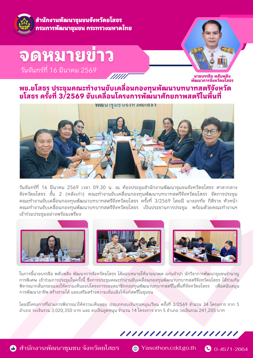 พช.ยโสธร ประชุมคณะทำงานขับเคลื่อนกองทุนพัฒนาบทบาทสตรีจังหวัดยโสธร ครั้งที่ 3/2569 ขับเคลื่อนโครงการพัฒนาศักยภาพสตรีในพื้นที่