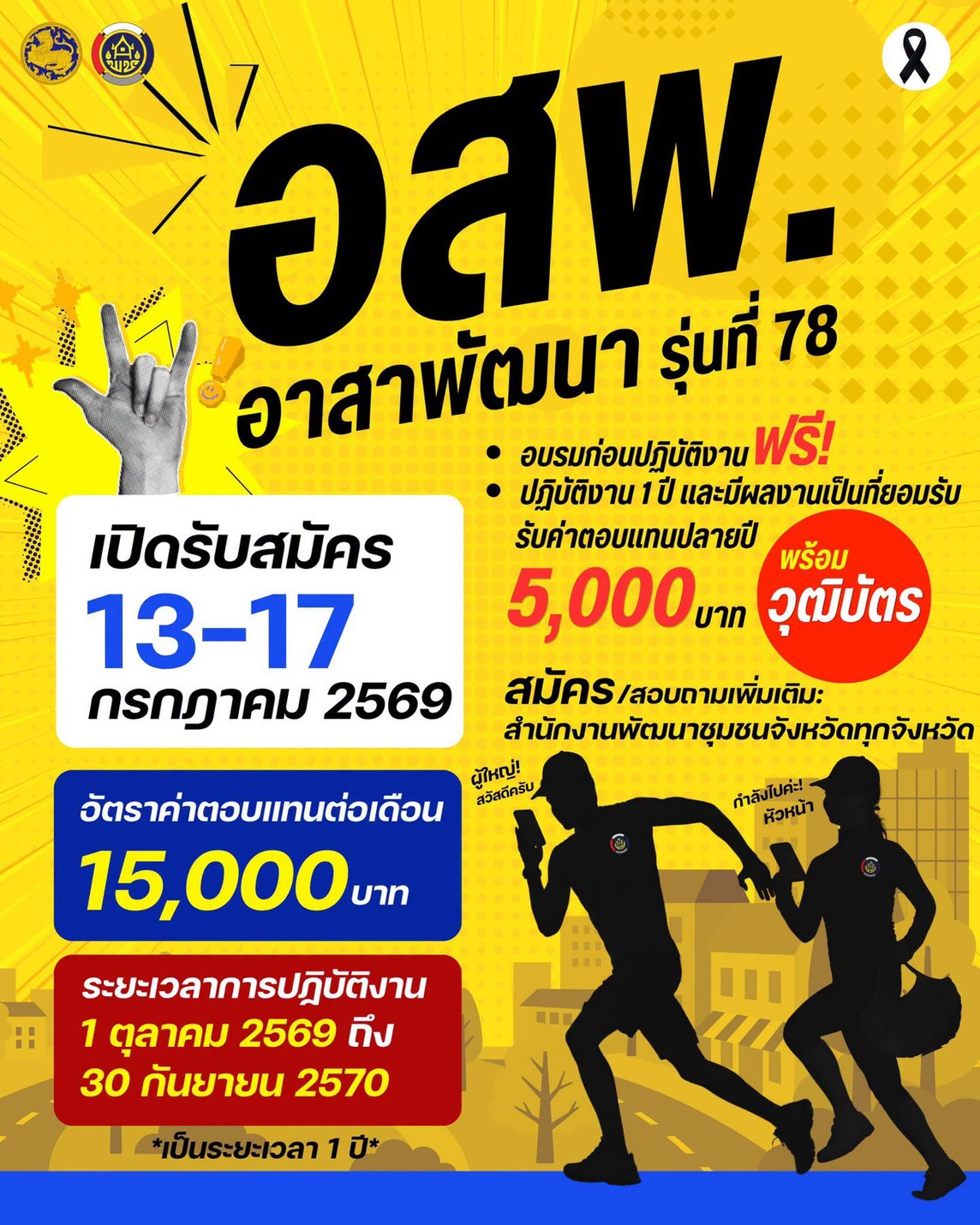 สำนักงานพัฒนาชุมชนจังหวัดยโสธร รับสมัครอาสาพัฒนา(อสพ.)รุ่นที่ 78 