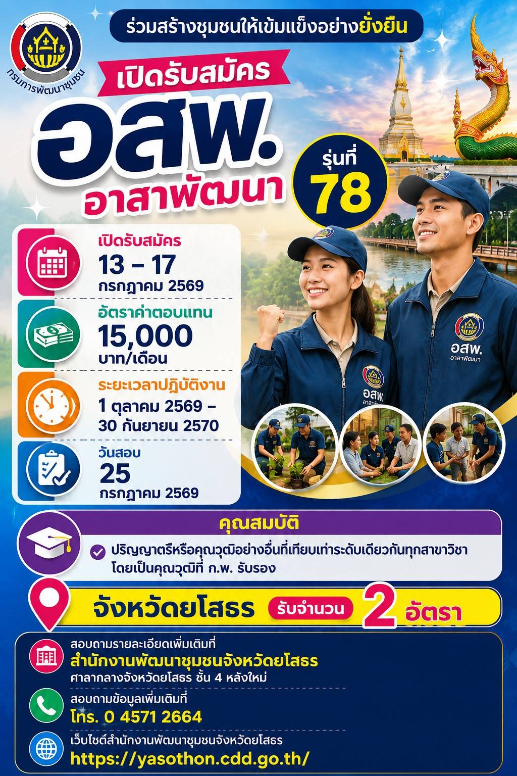 สำนักงานพัฒนาชุมชนจังหวัดยโสธร รับสมัครอาสาพัฒนา(อสพ.)รุ่นที่ 78